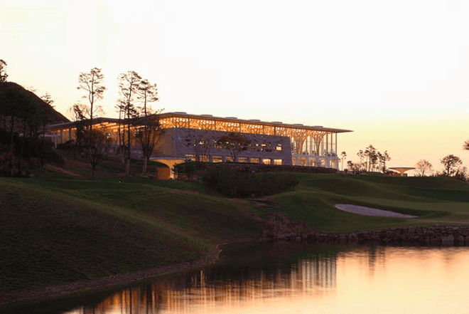 Shigeru Ban Architects, Nine Bridges Golf Club House, Korea, Seoul, Kaci International, hexagonal shape, bamboo wife pillow, local stone, Architecture, Daylighting, Green Materials,