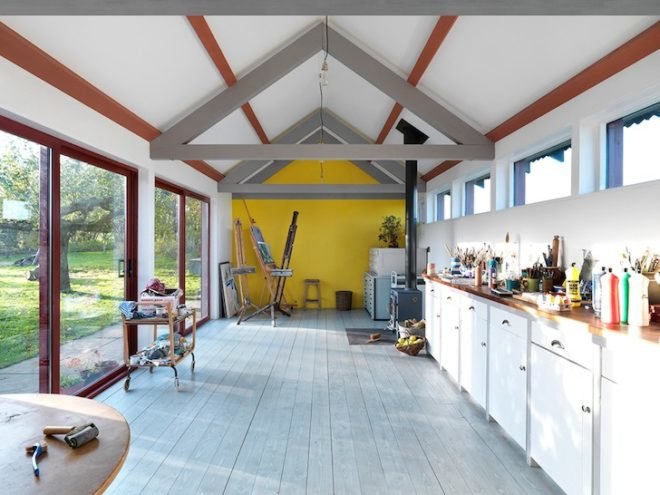 zero carbon, wood-fired stove, solar power, photovoltaic panels, PV Panels, rainwater harvesting, vernacular architecture, green design, sustainable design, eco-design, England, Threefold Architects, art, design, sustainable design, The Long Studio