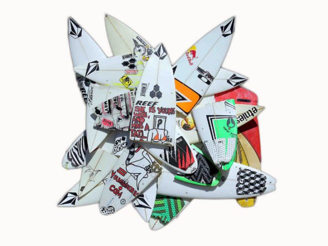 Wrecktangles, Herbie Fletcher, upcycled surfboards, borken surfboards, surfing, eco art, the Hole NYC