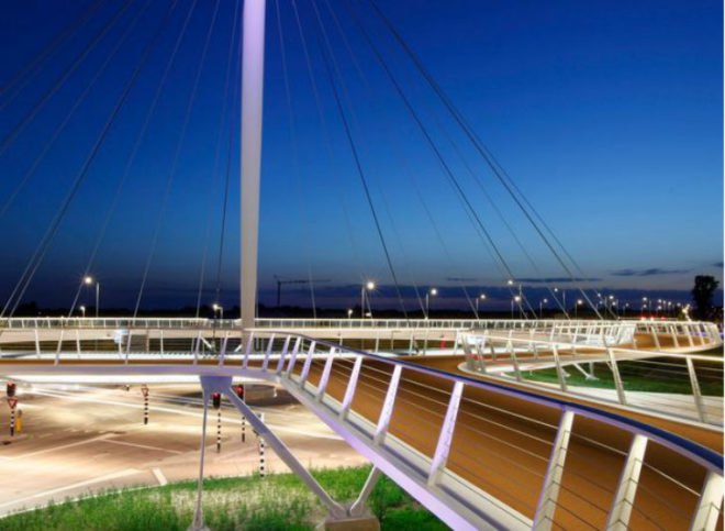 ipv Delft, Netherlands, Eindhoven, Hovenring, architecture, bike bridge, cyclists, pedestrians, traffic, bike safety, walkability, steel, cable bridge, LED lighting