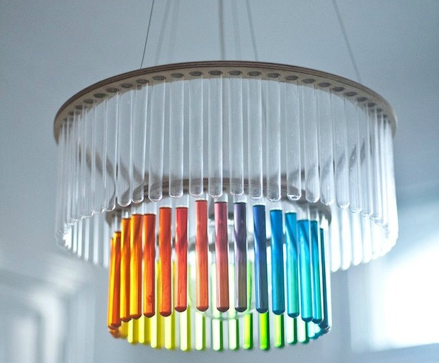 pani jurek, test tube chandeliers, green lamps, marie curie, sustainable lighting, science art, inventive lighting, eco design