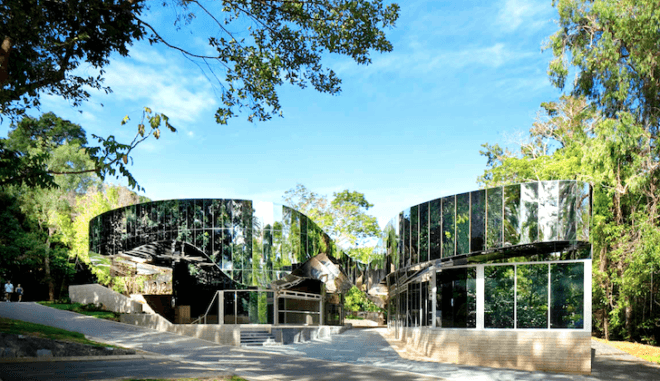 Charles Wright Architects, Cairns Botanical Gardens, Australia, VC, visitor center, Predator, reflective armor, rainwater harvesting, solar panels, energy efficiency, passive design, water conservation, insulation, sustainable design, eco-design, botanical