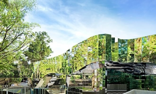 Charles Wright Architects, Cairns Botanical Gardens, Australia, VC, visitor center, Predator, reflective armor, rainwater harvesting, solar panels, energy efficiency, passive design, water conservation, insulation, sustainable design, eco-design, botanical