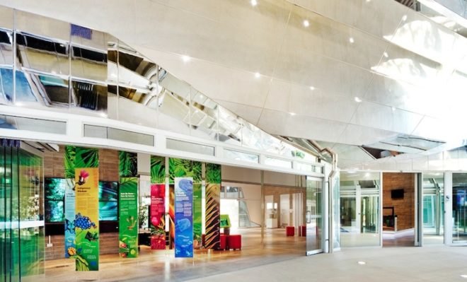 Charles Wright Architects, Cairns Botanical Gardens, Australia, VC, visitor center, Predator, reflective armor, rainwater harvesting, solar panels, energy efficiency, passive design, water conservation, insulation, sustainable design, eco-design, botanical
