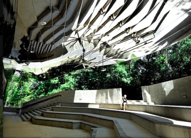 Charles Wright Architects, Cairns Botanical Gardens, Australia, VC, visitor center, Predator, reflective armor, rainwater harvesting, solar panels, energy efficiency, passive design, water conservation, insulation, sustainable design, eco-design, botanical