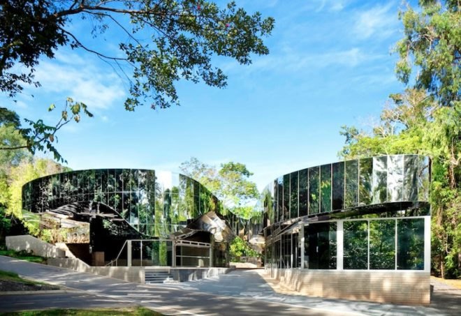 Charles Wright Architects, Cairns Botanical Gardens, Australia, VC, visitor center, Predator, reflective armor, rainwater harvesting, solar panels, energy efficiency, passive design, water conservation, insulation, sustainable design, eco-design, botanical