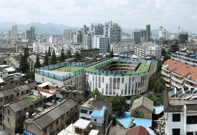 Tian Tai County ChiCheng No. 2 Primary School, China, rooftop running track, urban density, sustainable design, footprint, eco-design, urban design, green design, LYCS Architecture, Daylighting