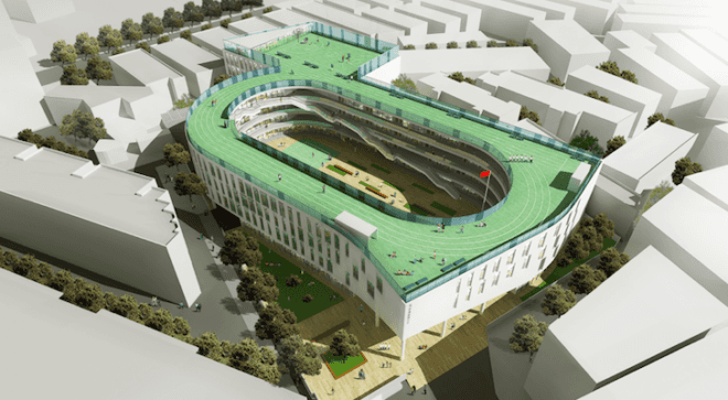 Tian Tai County ChiCheng No. 2 Primary School, China, rooftop running track, urban density, sustainable design, footprint, eco-design, urban design, green design, LYCS Architecture, Daylighting