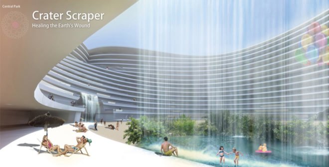 Crater-Scraper eVolo, eVolo 2013 Skyscraper Competition, skyscraper design, underground skyscraper, crater skyscraper, asteroids, space threats, rainwater harvesting, natural light, future megalopolis, garden city design, clean energy, rainwater