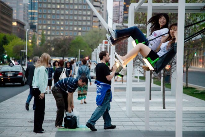 Daily Tous Les Jours, 21 Swings, Montreal, swings, gigantic musical instrument, cooperation, interactive orchestra, Art, green furniture, Urban design, social design, music