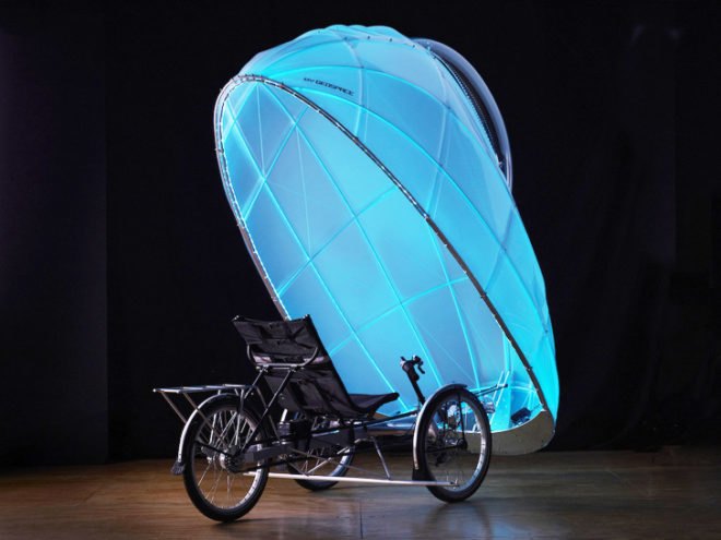 Firefly trike, GeoSpace Studio, eco-friendly transport, green transportation, tricycle design, LED lights, human-powered vehicle, vehicle design, green design