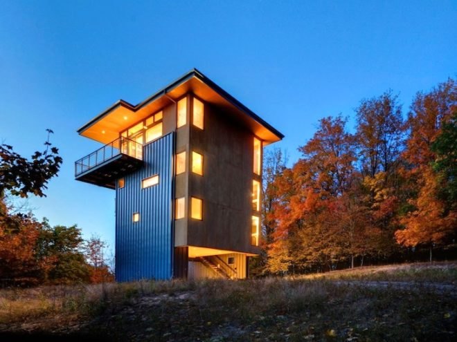 Tower House, Glen Lake, Lake Michigan, Balance Associates, metal-clad house, plywood box, birch, green design, sustainable design, eco-design, michigan, natural light, daylighting