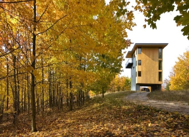 Tower House, Glen Lake, Lake Michigan, Balance Associates, metal-clad house, plywood box, birch, green design, sustainable design, eco-design, michigan, natural light, daylighting