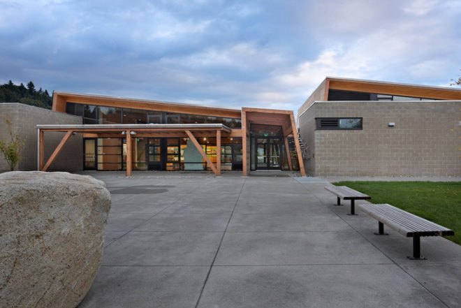 Brightwater Center, Mithun, Seattle, education, community, water treatment plant, LEED, platinum, energy efficient, radiant floor heating, solar panels, reclaimed water, recycled materials, King County, sewage treatment