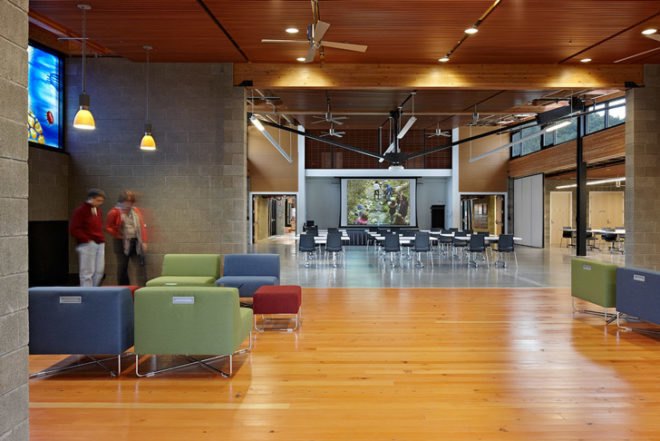Brightwater Center, Mithun, Seattle, education, community, water treatment plant, LEED, platinum, energy efficient, radiant floor heating, solar panels, reclaimed water, recycled materials, King County, sewage treatment