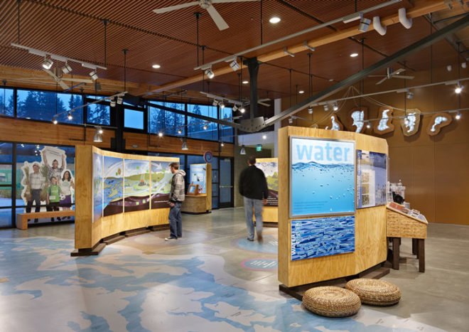 Brightwater Center, Mithun, Seattle, education, community, water treatment plant, LEED, platinum, energy efficient, radiant floor heating, solar panels, reclaimed water, recycled materials, King County, sewage treatment
