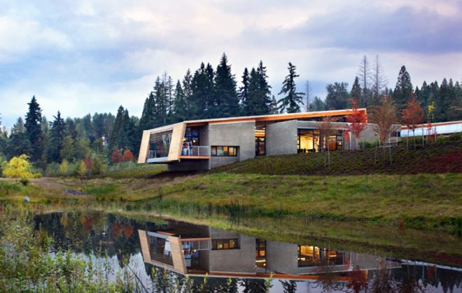 Brightwater Center, Mithun, Seattle, education, community, water treatment plant, LEED, platinum, energy efficient, radiant floor heating, solar panels, reclaimed water, recycled materials, King County, sewage treatment