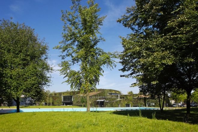 VenhoevenCS Architects, SportPlaza Mercator, Amsterdam, vertical gardens, fortress, green roof, living wall, greenery, urban design, sustainable design, eco-design, sports complex, The Netherlands, daylighting, Skylights,