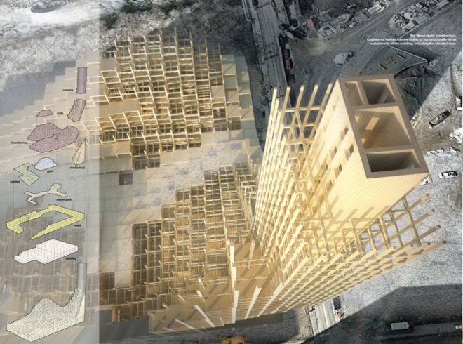 Big Wood skyscraper, timber skyscraper, wood skyscraper, eVolo skyscraper competition, Michael Charters