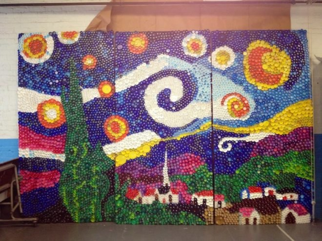 newark museum, south street elementary school, tatiana benus, recycled art, eco friendly art, art exhibit, bottle caps, bottle cap art, vincent van gogh, student art, student art project