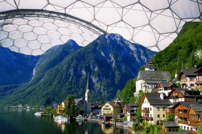 duplitecture, april fools, hallstatt austria, beijing air pollution, beijing air quality, ecotourism, cloned village, china austrian village, china alpine village, architecture clone, geodesic dome, buckminster fuller
