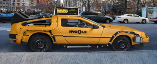Back to the Future 1985, Delorean NYC Taxi, Mike Lubrano, movie gadgets, Nooka Advertisement, NYC yellow cabs, science fiction vehicles, delorean taxi, april fools
