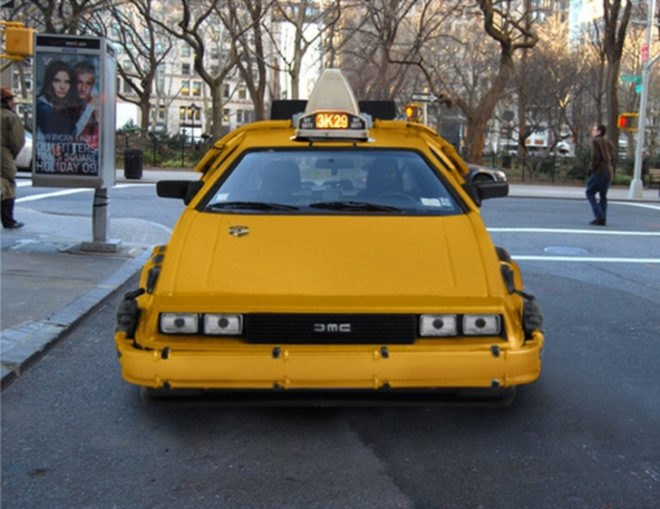 Back to the Future 1985, Delorean NYC Taxi, Mike Lubrano, movie gadgets, Nooka Advertisement, NYC yellow cabs, science fiction vehicles, delorean taxi, april fools
