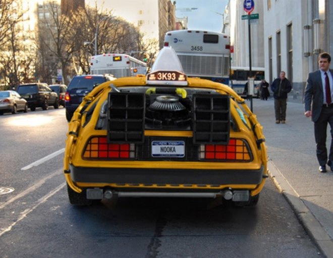 Back to the Future 1985, Delorean NYC Taxi, Mike Lubrano, movie gadgets, Nooka Advertisement, NYC yellow cabs, science fiction vehicles, delorean taxi, april fools