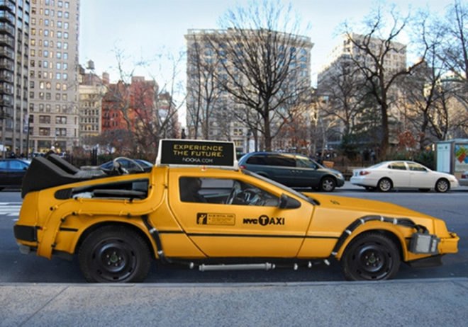 Back to the Future 1985, Delorean NYC Taxi, Mike Lubrano, movie gadgets, Nooka Advertisement, NYC yellow cabs, science fiction vehicles, delorean taxi, april fools