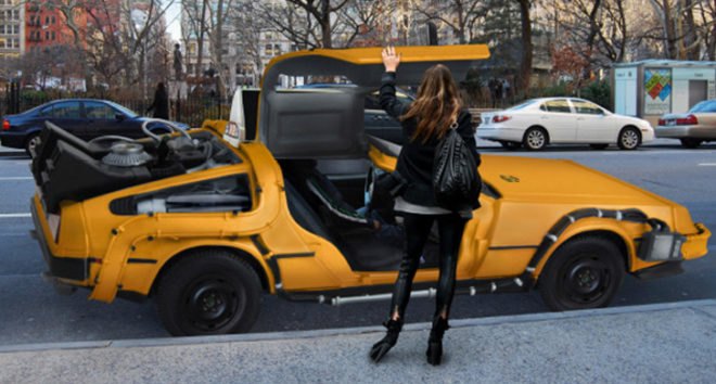 Back to the Future 1985, Delorean NYC Taxi, Mike Lubrano, movie gadgets, Nooka Advertisement, NYC yellow cabs, science fiction vehicles, delorean taxi, april fools
