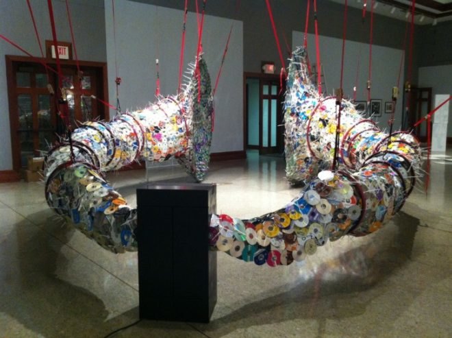 leticia bajuyo, repurposed materials, reused cds, donated cds, sustainable artwork, green art, repurposed materials, green design, eco art, dual wielding, event horizon, entropy
