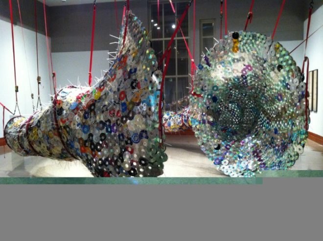 leticia bajuyo, repurposed materials, reused cds, donated cds, sustainable artwork, green art, repurposed materials, green design, eco art, dual wielding, event horizon, entropy