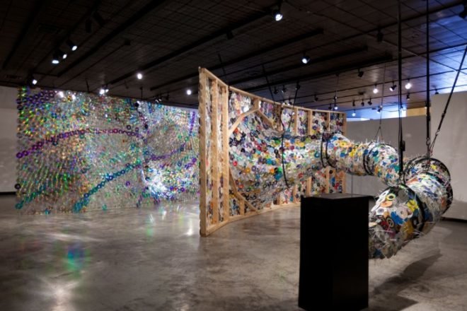 leticia bajuyo, repurposed materials, reused cds, donated cds, sustainable artwork, green art, repurposed materials, green design, eco art, dual wielding, event horizon, entropy