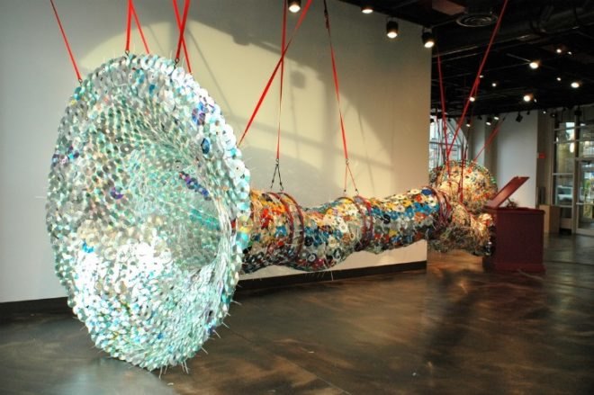 leticia bajuyo, repurposed materials, reused cds, donated cds, sustainable artwork, green art, repurposed materials, green design, eco art, dual wielding, event horizon, entropy