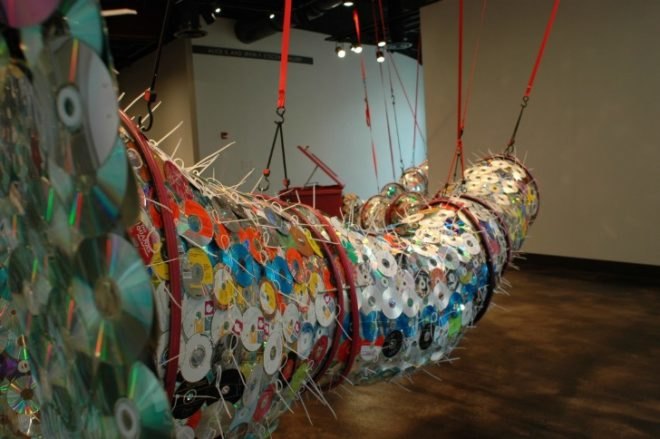 leticia bajuyo, repurposed materials, reused cds, donated cds, sustainable artwork, green art, repurposed materials, green design, eco art, dual wielding, event horizon, entropy