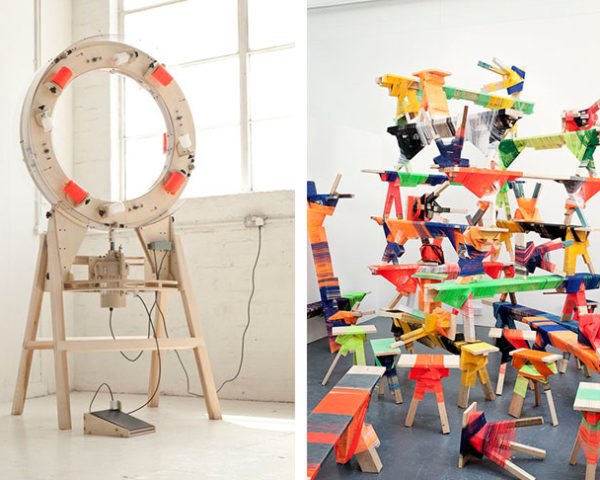 Anton Alvarez, Wrapping Machine, wooden scrap, royal college of art, chilean, swedish, colorful furniture, threads, Milan Design Week 2013, Art, DIY, green furniture, Recycled Materials, Green Events