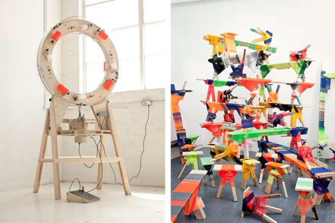 Anton Alvarez, Wrapping Machine, wooden scrap, royal college of art, chilean, swedish, colorful furniture, threads, Milan Design Week 2013, Art, DIY, green furniture, Recycled Materials, Green Events
