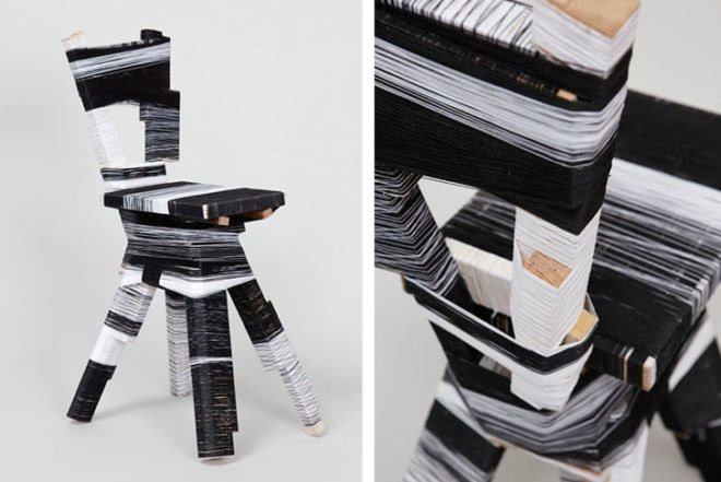 Anton Alvarez, Wrapping Machine, wooden scrap, royal college of art, chilean, swedish, colorful furniture, threads, Milan Design Week 2013, Art, DIY, green furniture, Recycled Materials, Green Events