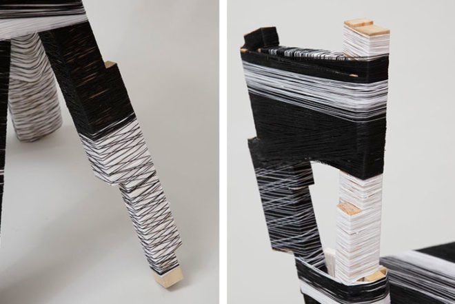 Anton Alvarez, Wrapping Machine, wooden scrap, royal college of art, chilean, swedish, colorful furniture, threads, Milan Design Week 2013, Art, DIY, green furniture, Recycled Materials, Green Events