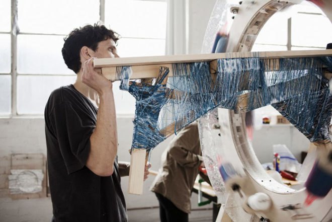 Anton Alvarez, Wrapping Machine, wooden scrap, royal college of art, chilean, swedish, colorful furniture, threads, Milan Design Week 2013, Art, DIY, green furniture, Recycled Materials, Green Events