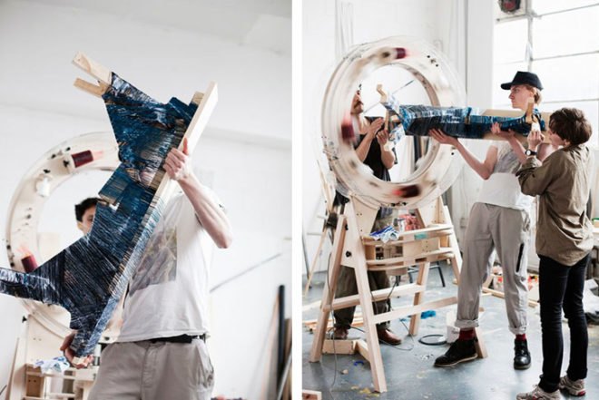 Anton Alvarez, Wrapping Machine, wooden scrap, royal college of art, chilean, swedish, colorful furniture, threads, Milan Design Week 2013, Art, DIY, green furniture, Recycled Materials, Green Events