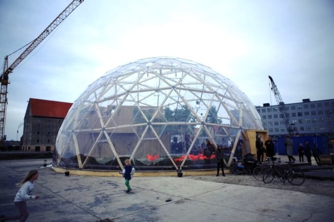 Dome of Visions, greenhouse, cultural center, CNC-cut materials, mobile project, Copenhagen, Denmark, temporary design, urban farming, geodesic dome, green design, sustainable design, eco-design, Kristoffer Tejlgaard, Benny Jepsen, art, culture, music