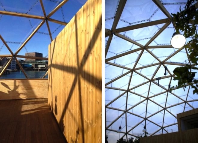 Dome of Visions, greenhouse, cultural center, CNC-cut materials, mobile project, Copenhagen, Denmark, temporary design, urban farming, geodesic dome, green design, sustainable design, eco-design, Kristoffer Tejlgaard, Benny Jepsen, art, culture, music
