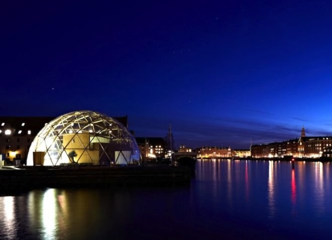 Dome of Visions, greenhouse, cultural center, CNC-cut materials, mobile project, Copenhagen, Denmark, temporary design, urban farming, geodesic dome, green design, sustainable design, eco-design, Kristoffer Tejlgaard, Benny Jepsen, art, culture, music
