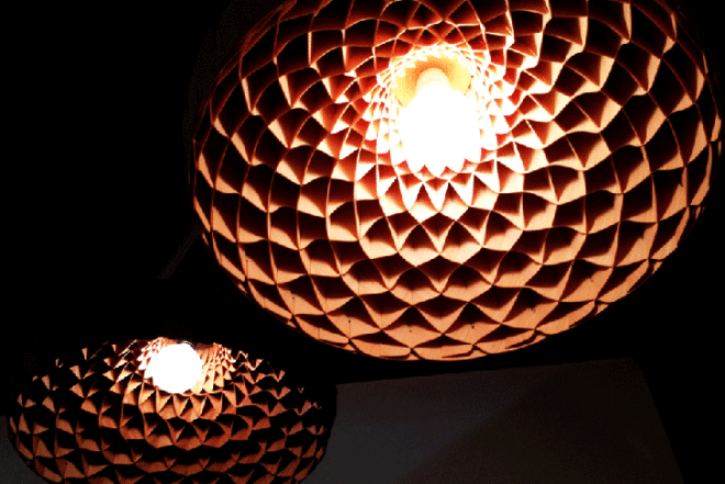 Edward Linacre, The Nest Lamp, Melbourne Movement, australian design, bamboo veneer, interlocking, Green Lighting, Green Materials,