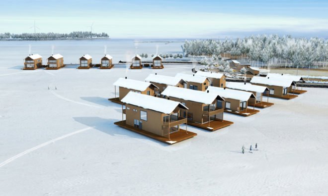 Marinetek Pori Floating Village, Marinetek floating villas, floating villas Finland, Finland floating resort, prefab architecture, floating houses, lightweight floating homes, eco-friendly housing, Marina Housing Finland