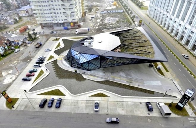 Giorgi Khmaladze, McDonalds, Georgia, Betumi, petrol station, urban design, green shield, green roof, sustainable design, eco-design, vegetated roof, rooftop terrace, junk food, fossil fuels,