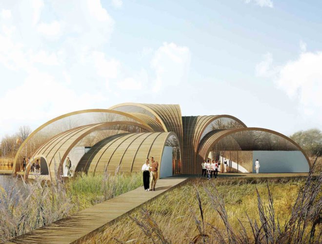 Atelier CMJN, Great Fen Visiting Center, Cambridgeshire, rainwater collection, eolic turbine, fen, organic architecture, adaptation, Architecture, Green Materials, Daylighting, green Interiors, energy efficiency,
