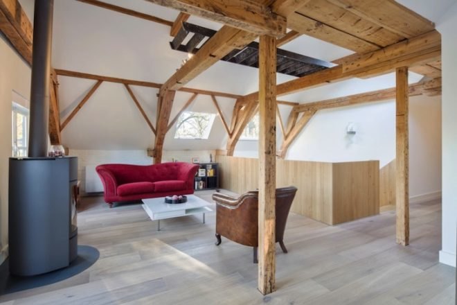 daylighting, adaptive reuse, green renovation, Zecc Architecten, Breukelen House, The Netherlands, green design, sustainable design, eco-design, wood, renovated coach house, wood-fired stove