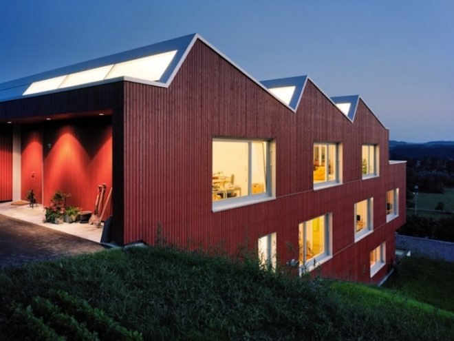 Spillmann Echsle Architekten, House Uesslingen, sawtooth roof, Swiss Design, Switzerland, green design, prefab design, low carbon footprint, daylighting, natural light, sustainable design, eco-design, Switzerland, pitched roof, Kanton Thurgau, prefabricated home